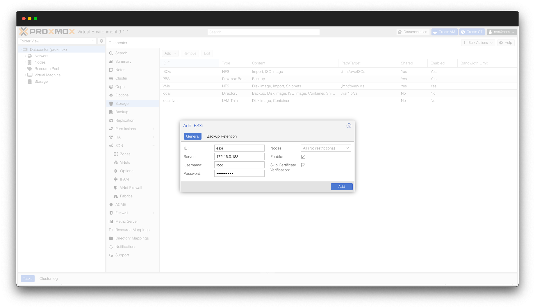 Adding ESXi storage in Proxmox