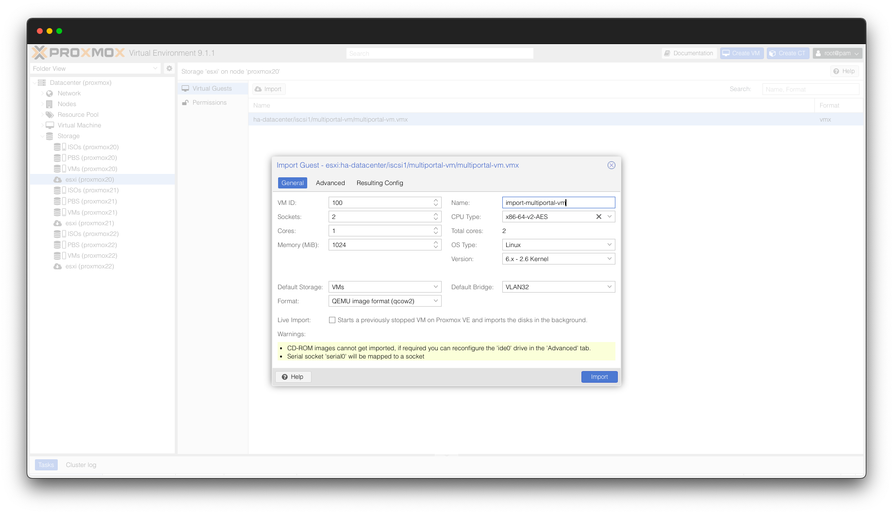 VM import configuration in Proxmox