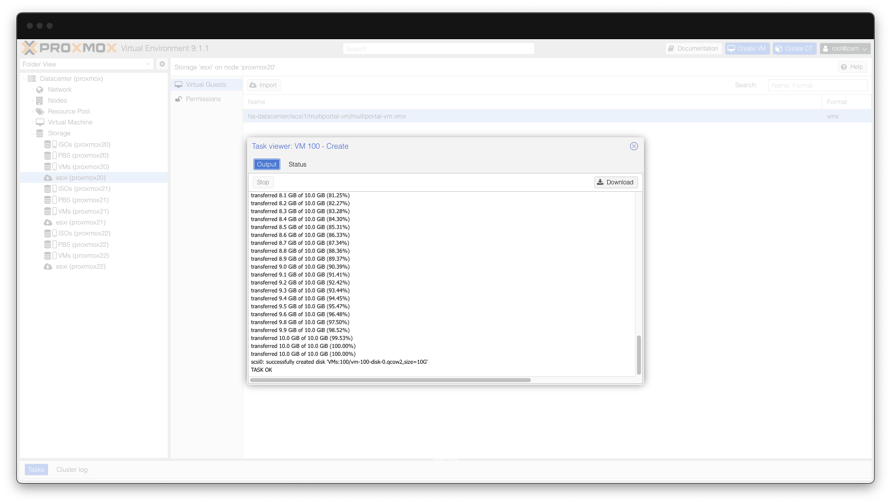 Import progress in Proxmox