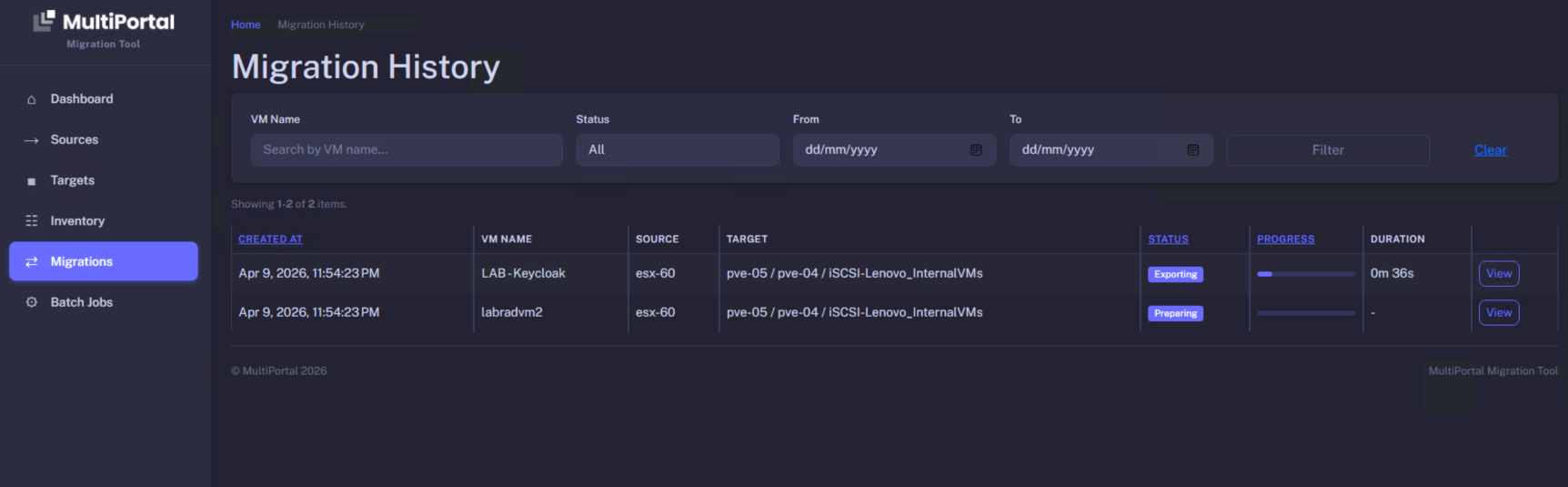 Migration history with searchable audit trail