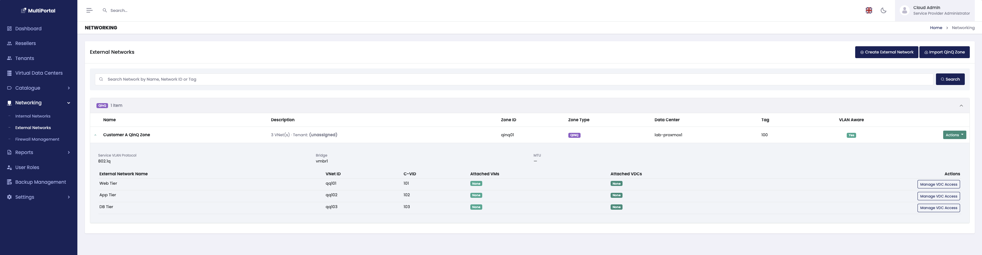 The External Networks page showing a QinQ zone expanded into its child VNets, with the Import QinQ Zone button visible