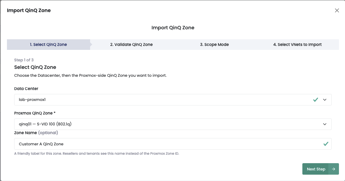 Step 1 of the wizard: datacentre filter and zone list, with a candidate disabled and an inline reason