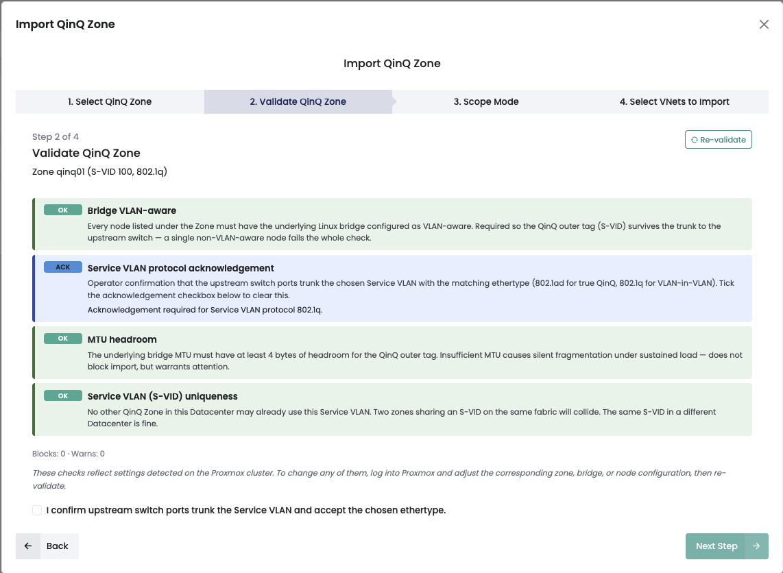 Step 2 of the wizard: validation results panel, tenant picker, and the 802.1ad confirmation checkbox