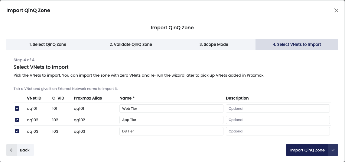 Step 3 of the wizard: multi-select list of VNets within the zone