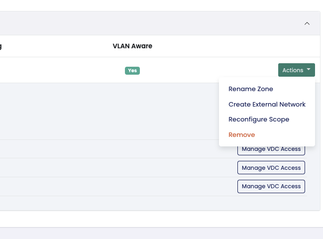 Zone detail panel: metadata header, tenant assignment with Edit Tenant, child VNet table with attach counts, and the Re-validate, Edit Tenant and Unimport header actions