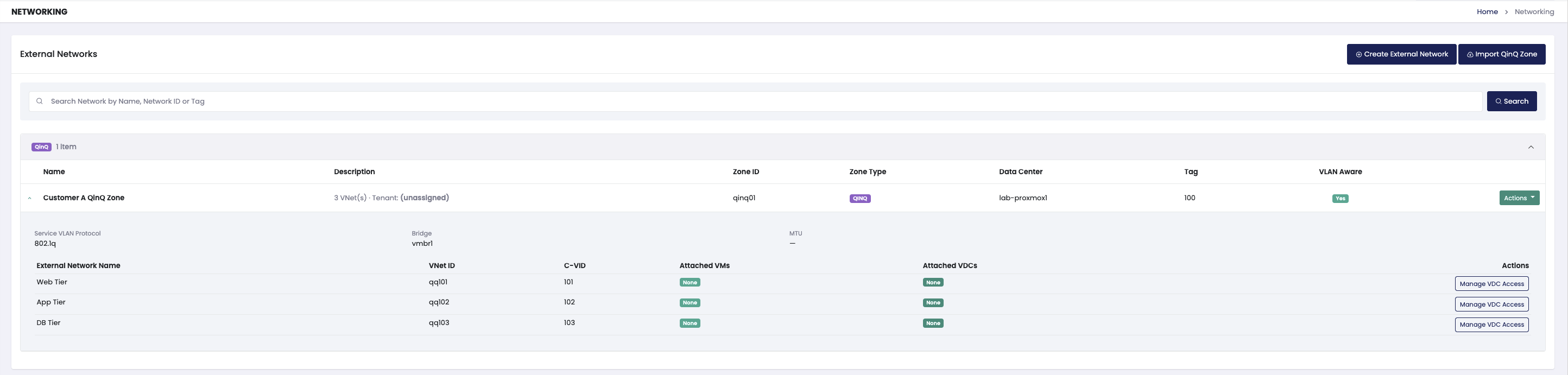 External Networks list with a QinQ zone expanded: parent row, indented child VNets, assigned tenant name, and VNet count