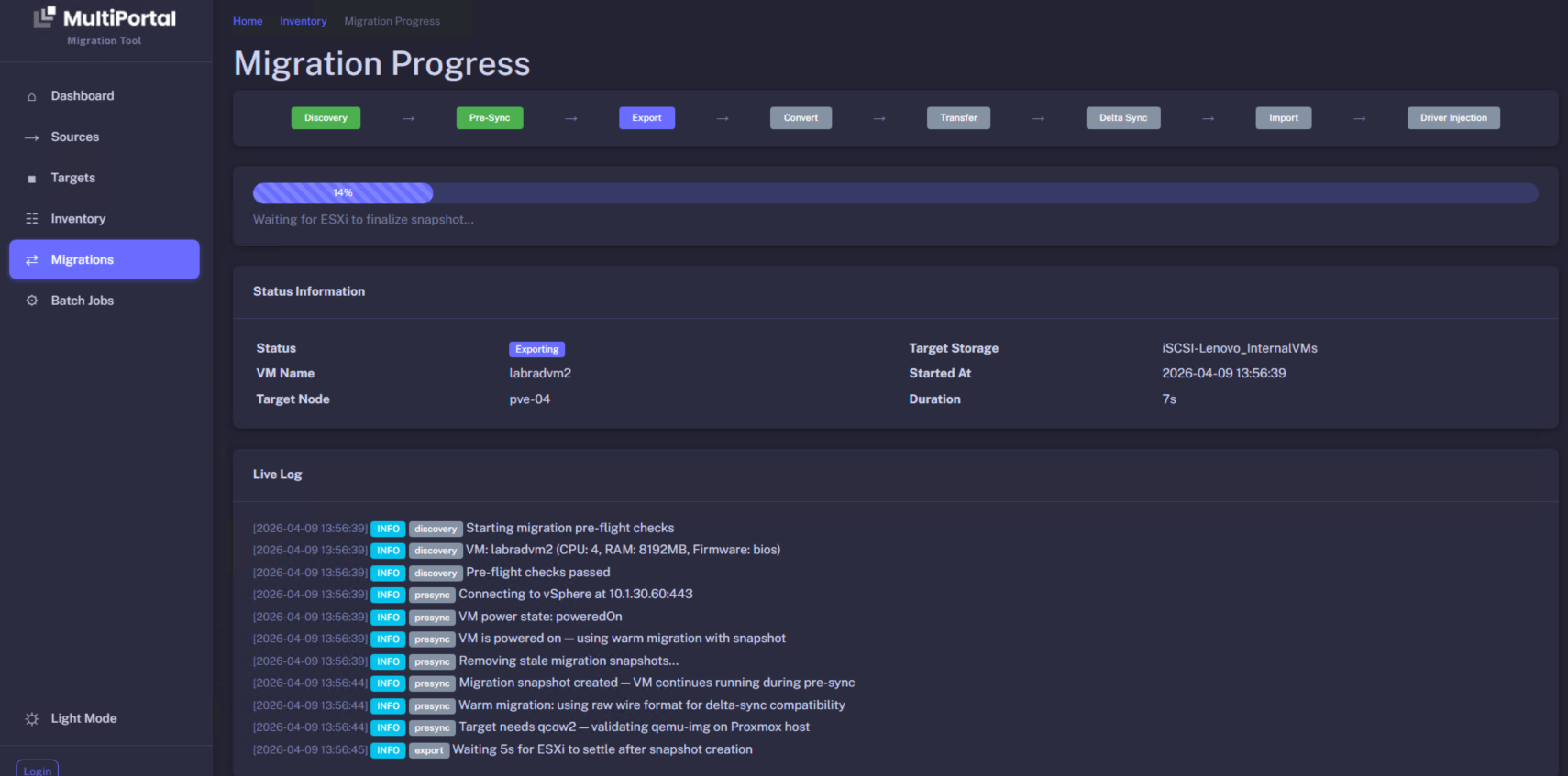 VM migration progress view